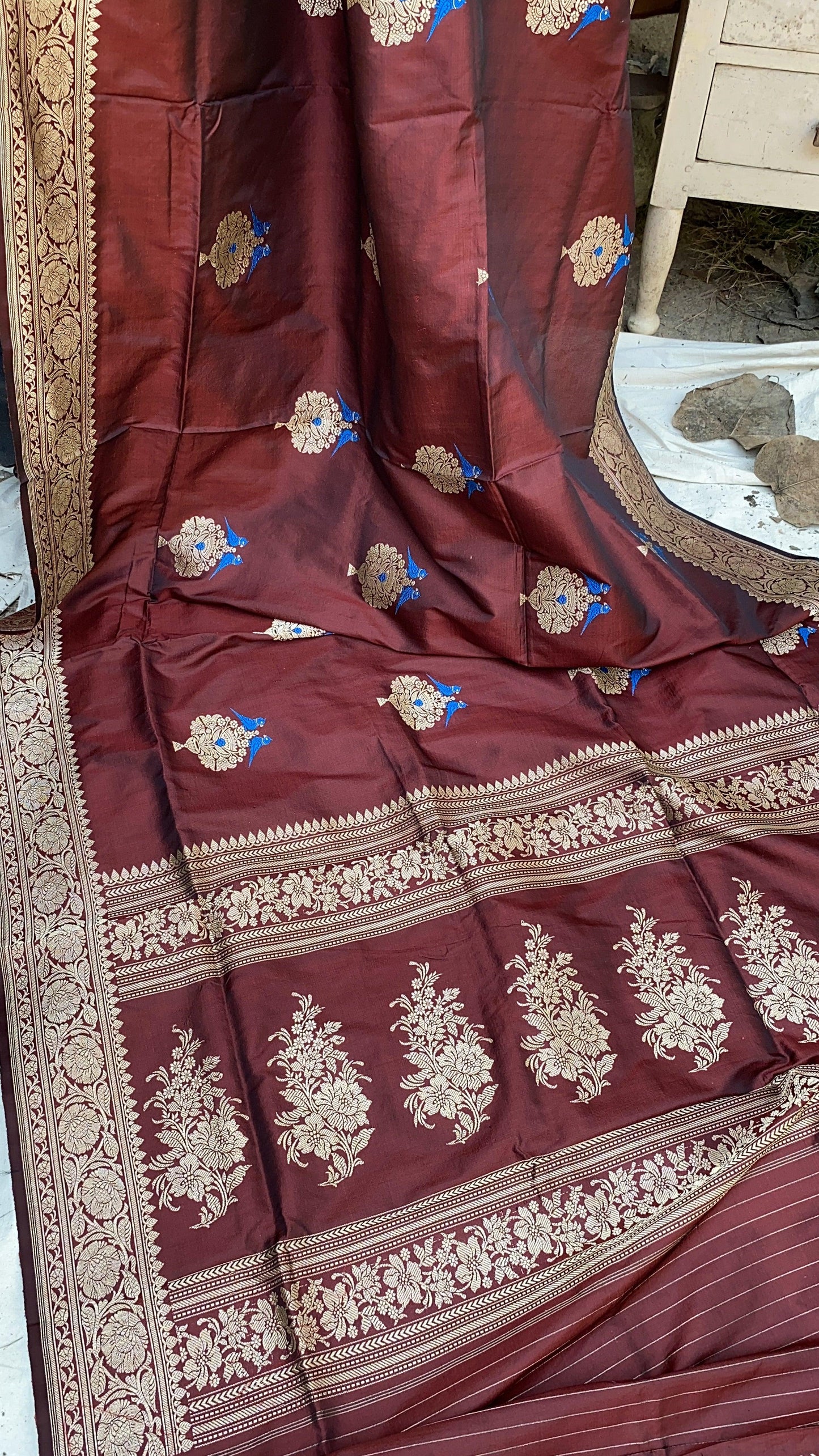 Wine Luxurious Handwoven Banarasi Silk Saree with Kadhwa Minakari Motifs by Shades Of Benares - banarasi - banarasi saree shop - banarasi saree manufacturers - banarasi saree wholesale - banaraasi sarees