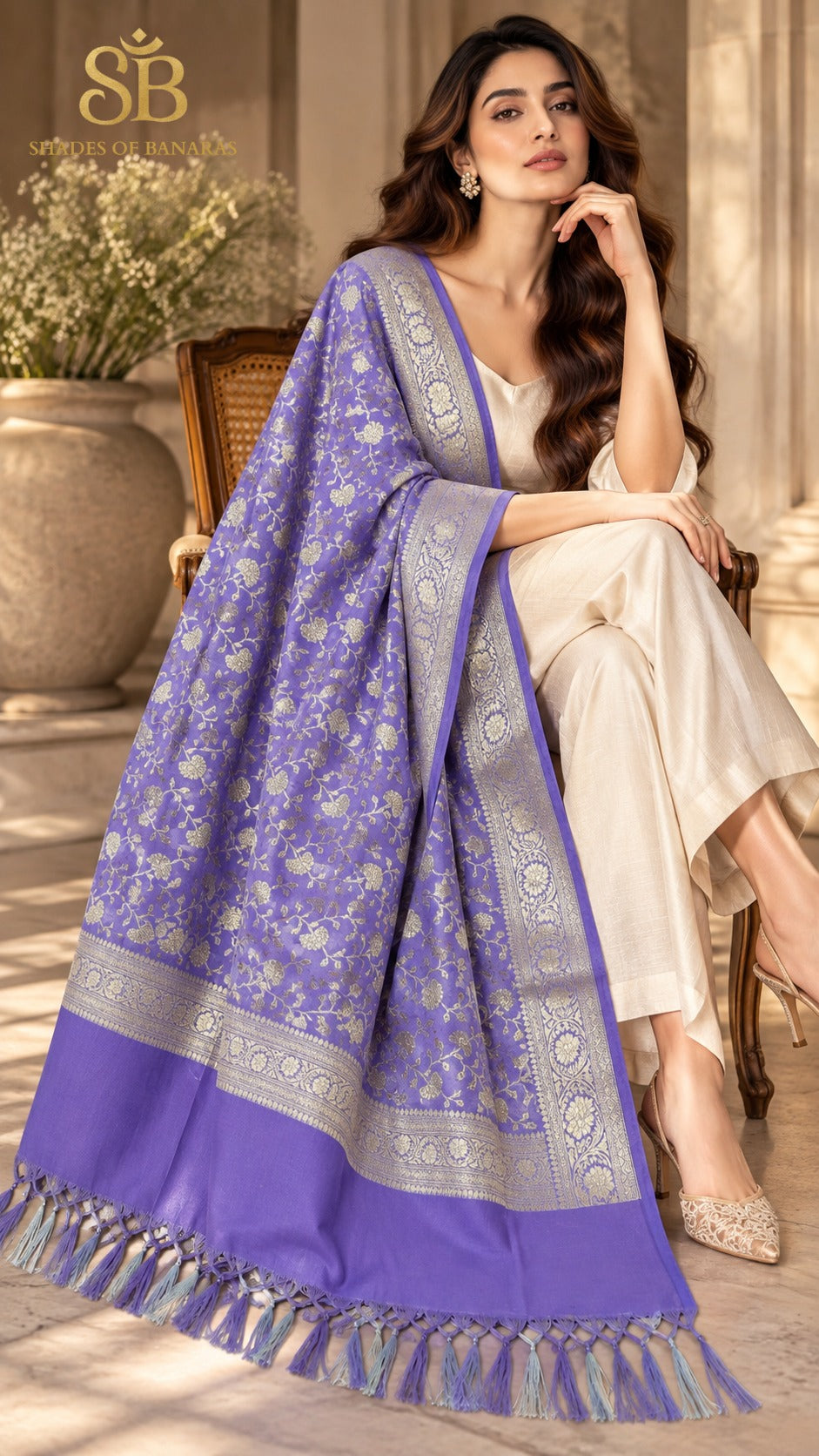 Wisteria lavender katan soft silk Banarasi handloom dupatta with all-over cutwork jaal from Banaras, styled over a cream suit