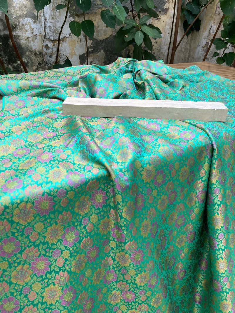 Green Handloom Pure Katan Silk Brocade Banarasi Fabric - Shades Of Benares