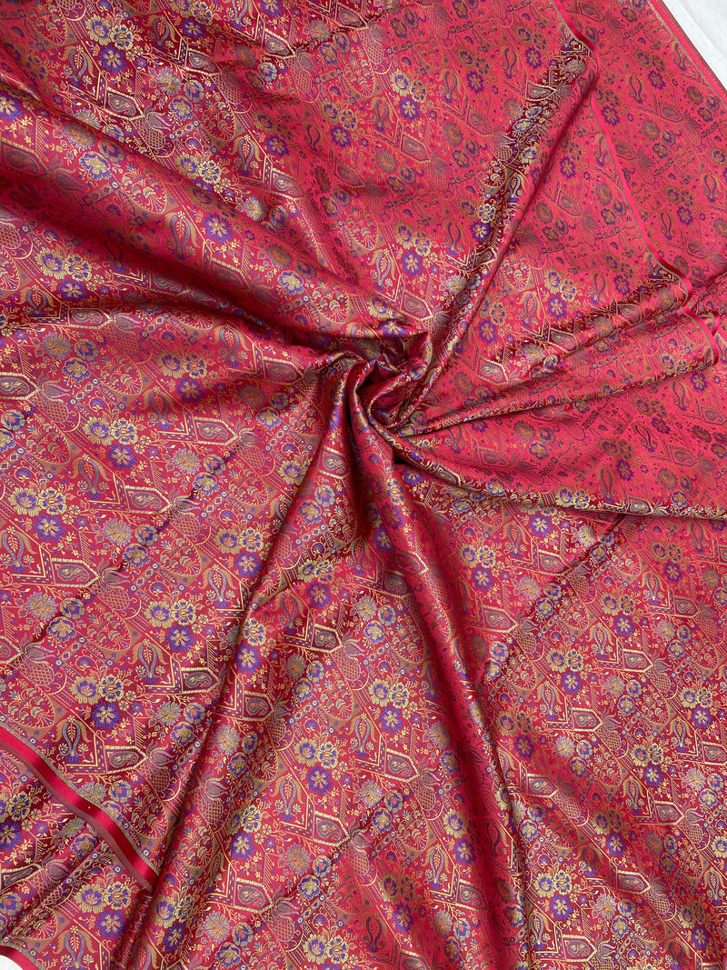 Red Handloom Pure Katan Silk Brocade Banarasi Fabric - Shades Of Benares