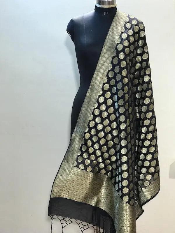 Classy Black Handwoven Banarasi Silk Dupatta - Perfect for Party Wear - Shades Of Benares