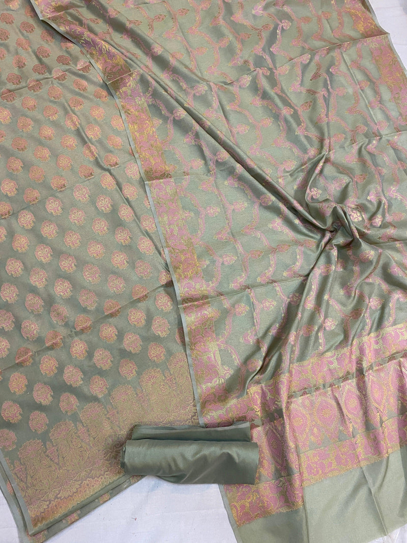 Handwoven Green Cotton Silk 3 pcs Dress Material - Shades Of Benares