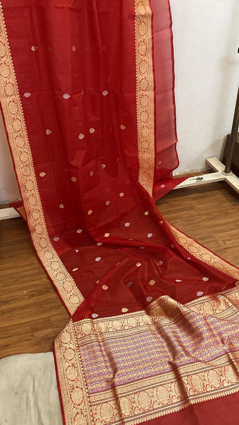 Matt Red Pure Banarasi Katan Kora Organza Silk Handloom Saree - Shades Of Benares