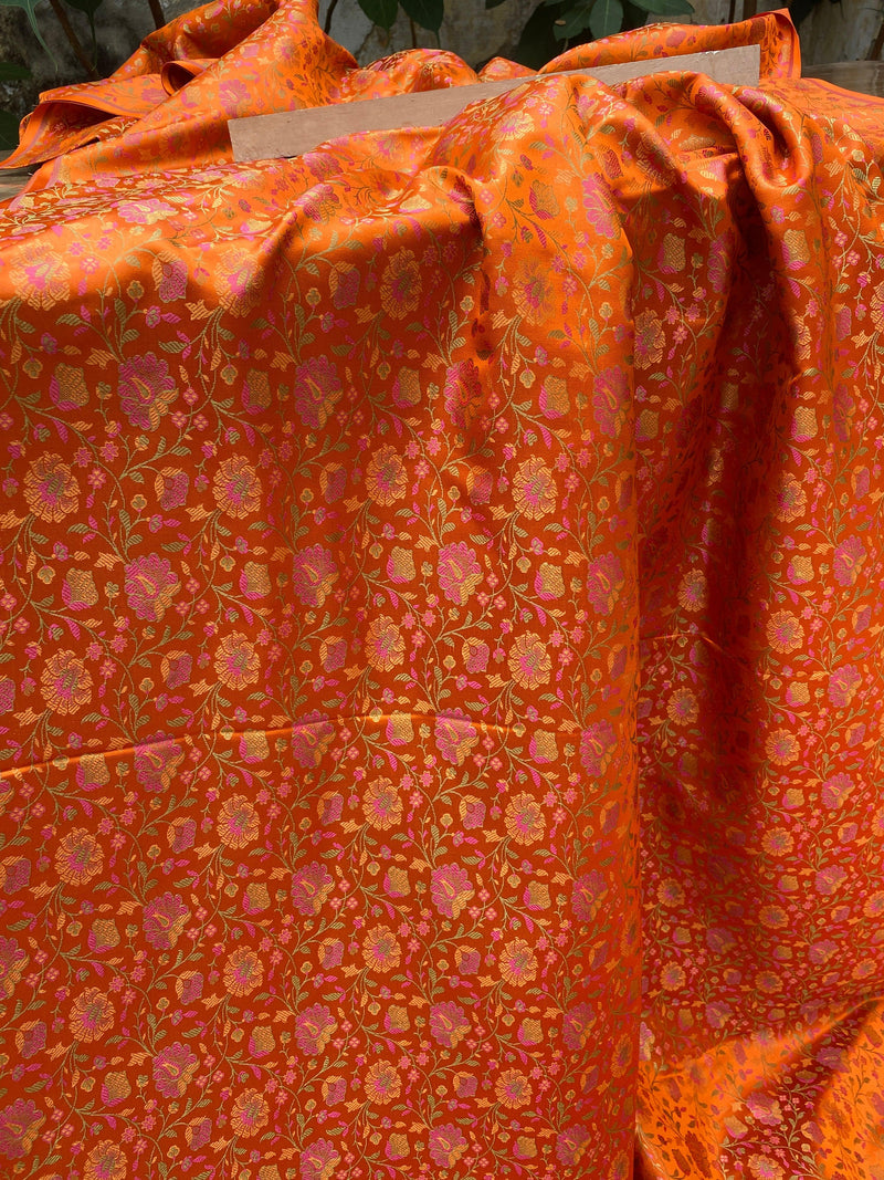 Orange Handloom Pure Katan Silk Brocade Banarasi Fabric - Shades Of Benares