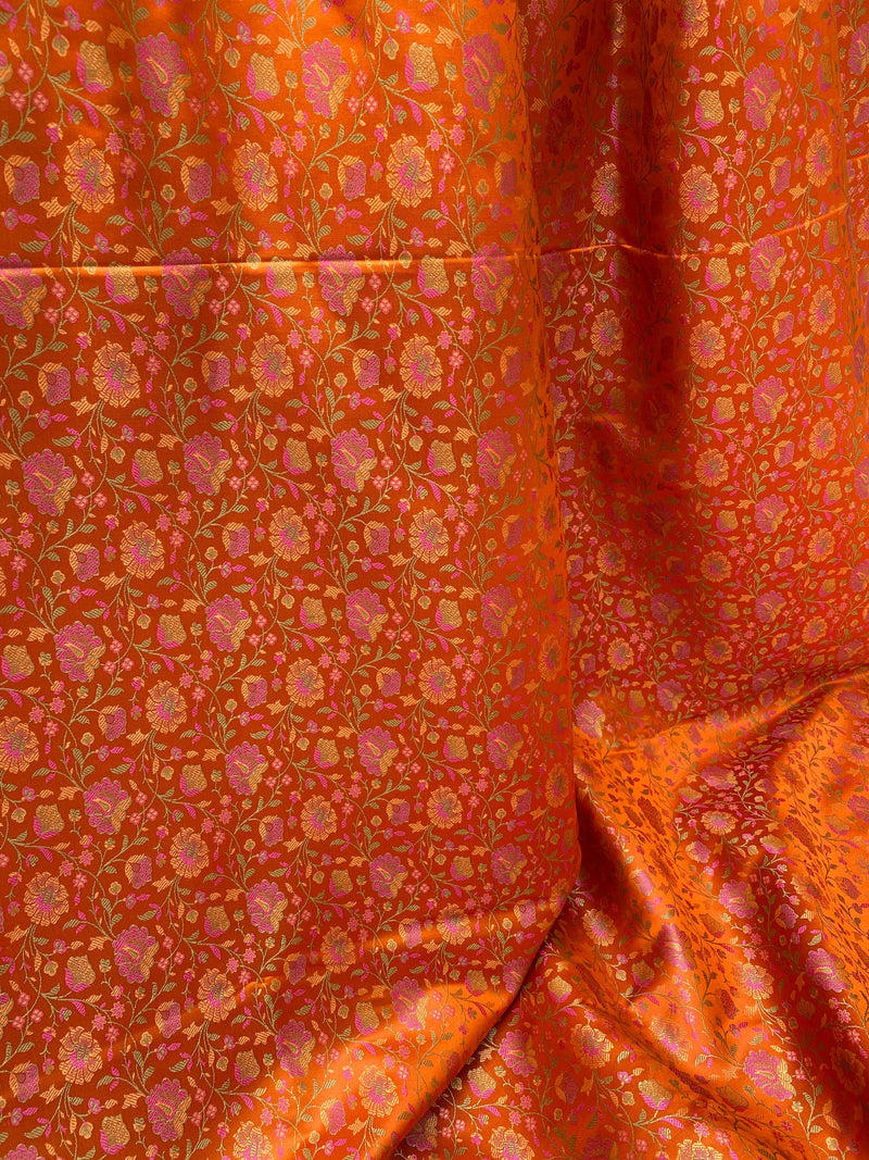 Orange Handloom Pure Katan Silk Brocade Banarasi Fabric - Shades Of Benares
