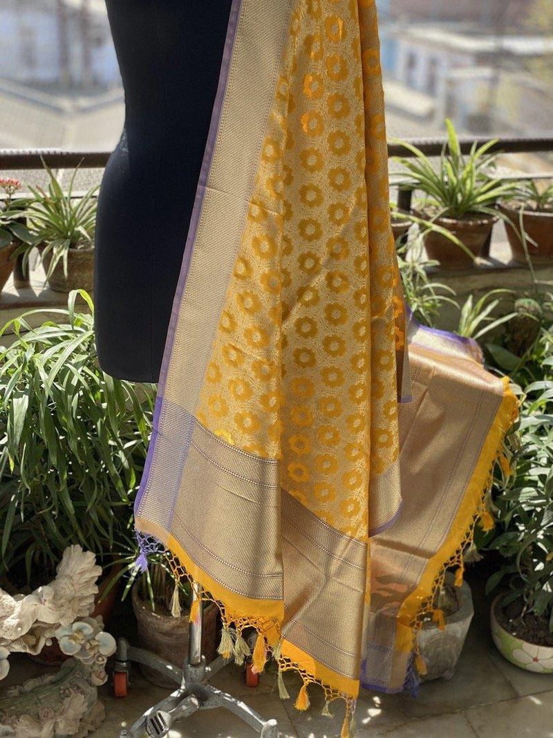 Radiant Yellow Handloom Banarasi Silk Dupatta: Elevate Your Festive & Traditional Attire - Shades Of Benares