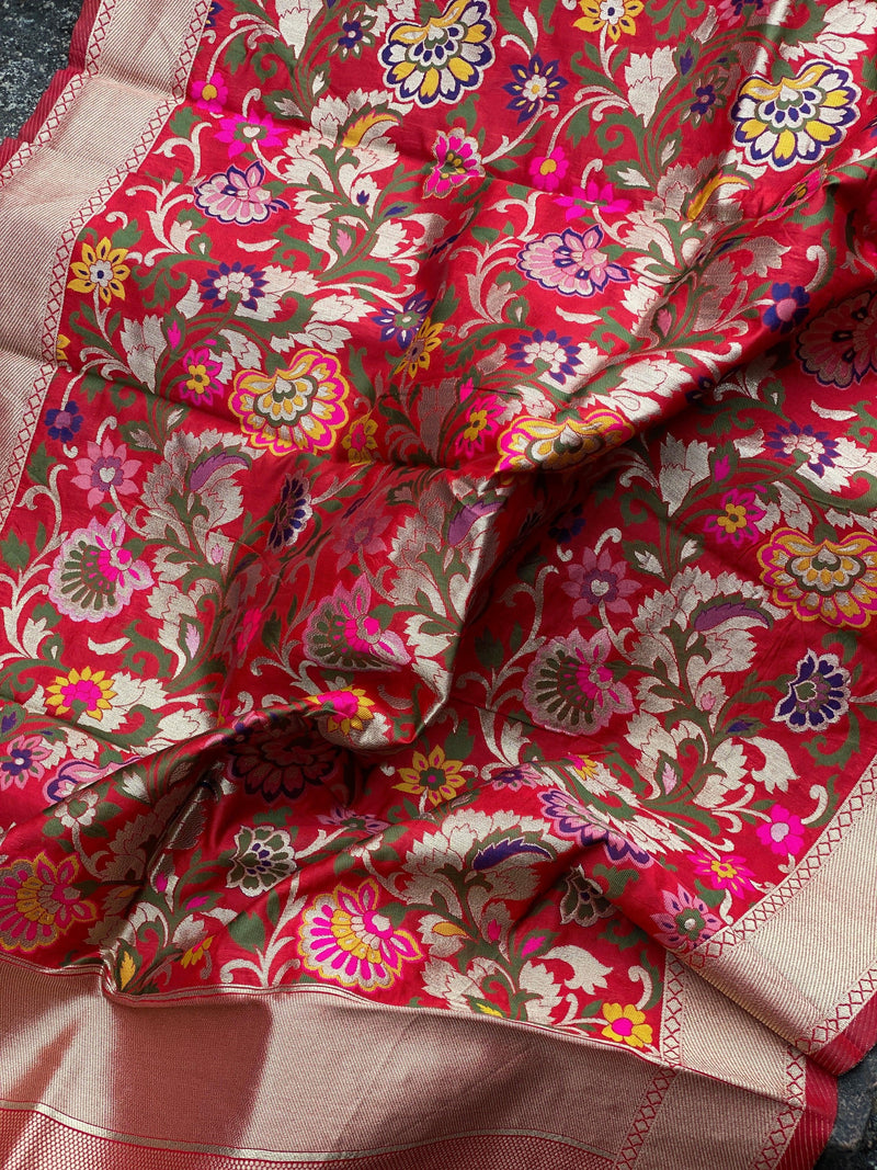 Ravishing Red Minakari Handloom Banarasi Silk Dupatta: Elevate Your Party Bridal Wear - Shades Of Benares