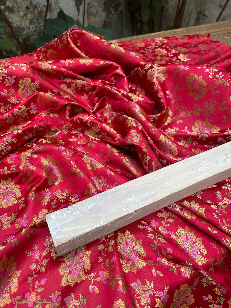 Red Handloom Pure Katan Silk Brocade Banarasi Fabric - Shades Of Benares