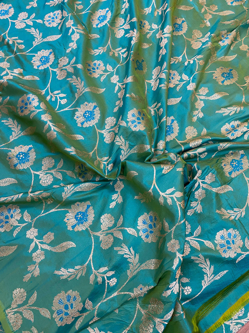 Sea Green Pure Banarasi Katan silk Handloom fabric - Shades Of Benares