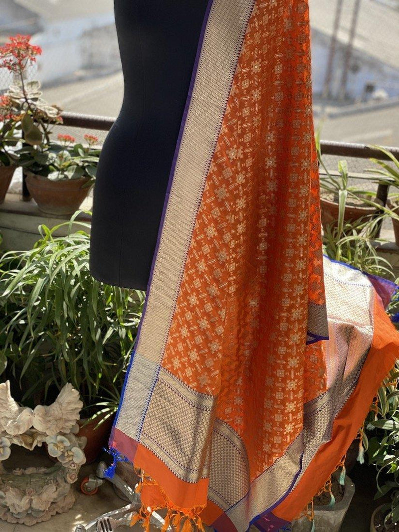 Vibrant Orange Handloom Banarasi Silk Dupatta: Elevate Your Festive & Traditional Attire - Shades Of Benares