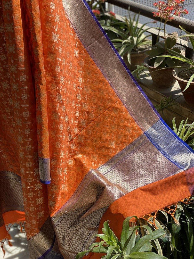 Vibrant Orange Handloom Banarasi Silk Dupatta: Elevate Your Festive & Traditional Attire - Shades Of Benares
