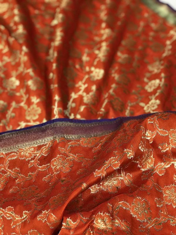 Vibrant Orange Handloom Banarasi Silk Dupatta - Shades Of Benares
