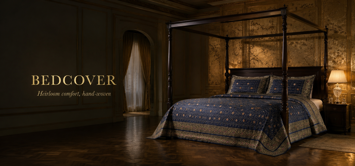 Starlit Navy Blue Couture Handloom Banarasi Dupion Silk Bedcover with Pillow Covers - Shades of Banaras