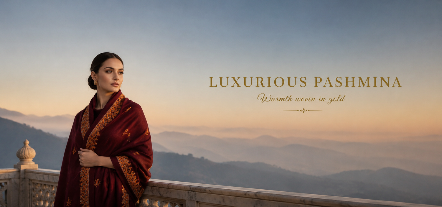 Pesca Alba Bordo Couture Pure Pashmina Wool Scarf – authentic Banarasi handloom weave – Shades of Banaras