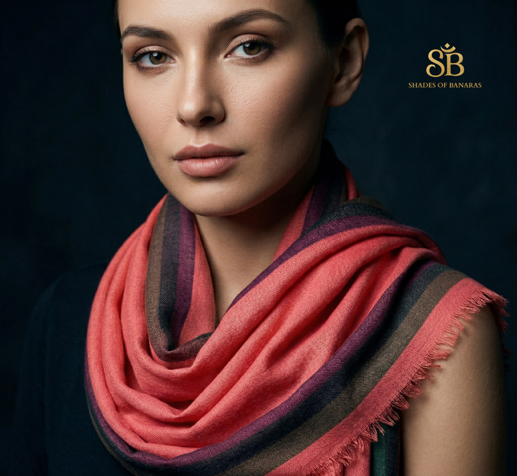 Pesca Alba Bordo Couture Pure Pashmina Wool Scarf – authentic Banarasi handloom weave – Shades of Banaras