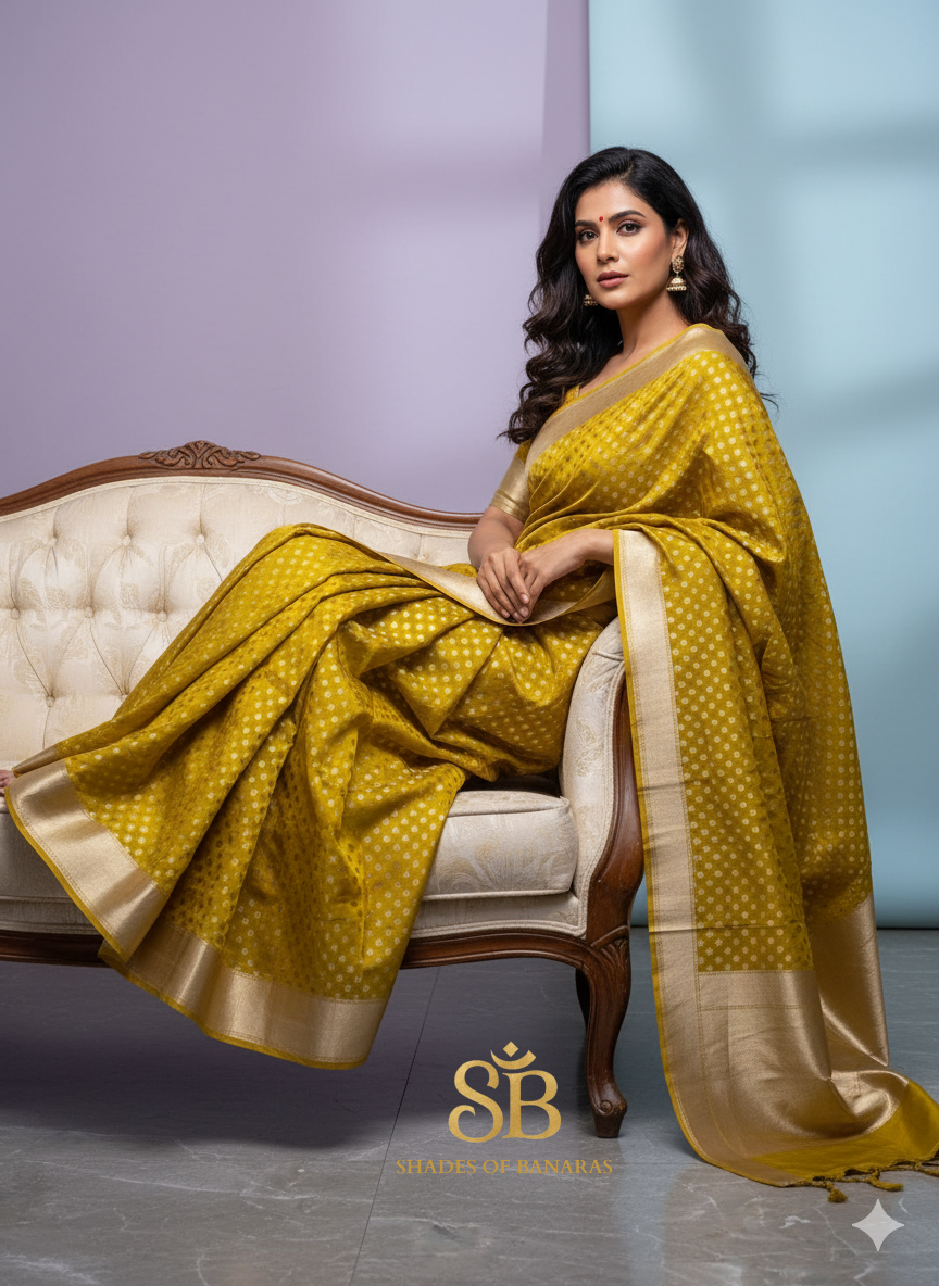 The Sunshine Banarasi: Yellow Pure Silk Saree with Butis by Shades Of Banaras - banarasi - banarasi saree shop - banarasi saree manufacturers - banarasi saree wholesale - banaraasi sarees