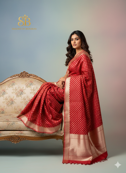 Red Pure Silk Banarasi Saree with Handwoven Butis & Plain Blouse by Shades Of Banaras - banarasi - banarasi saree shop - banarasi saree manufacturers - banarasi saree wholesale - banaraasi sarees