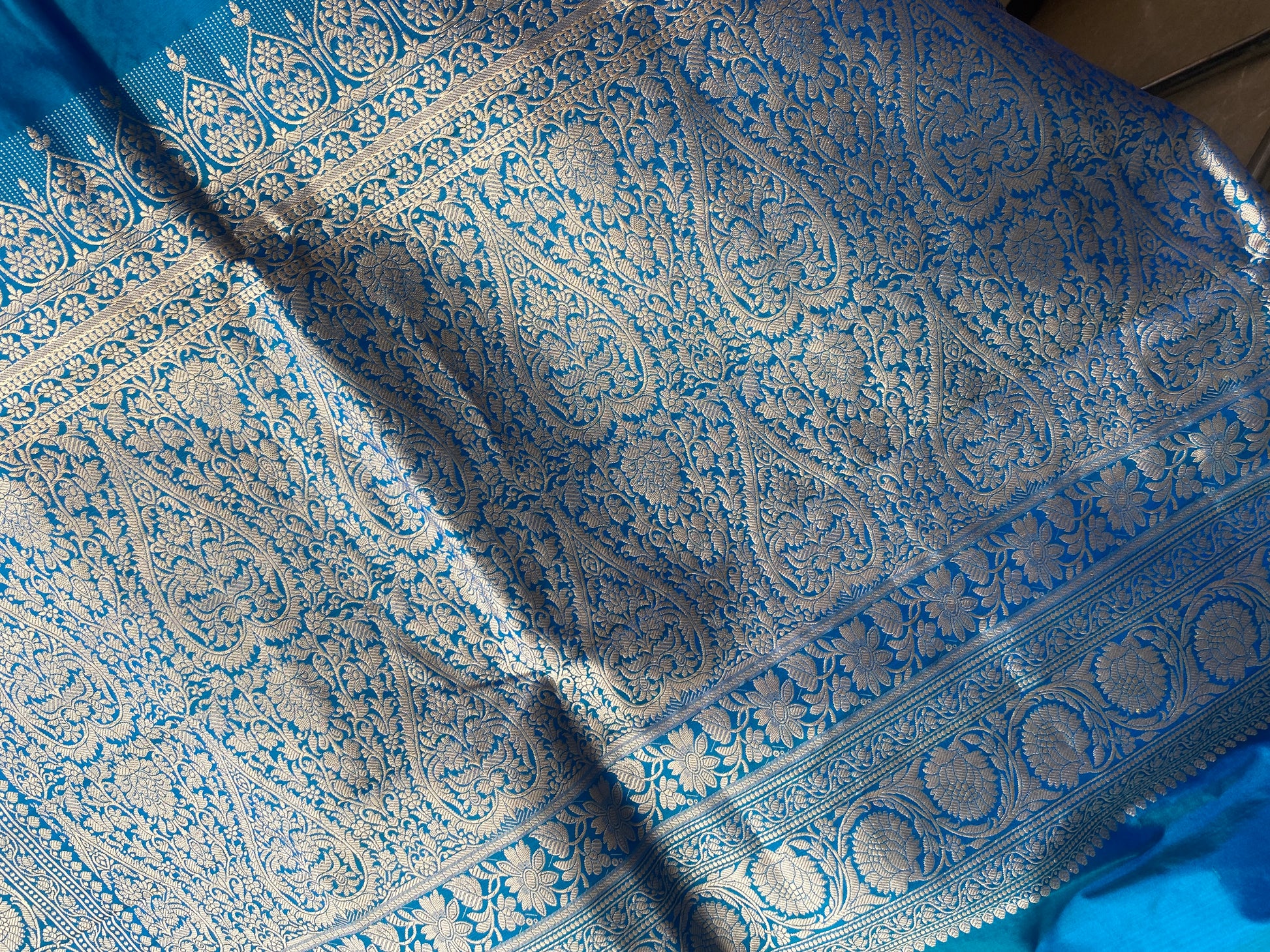 Teal Pure Silk Banarasi Saree with Kadhwa Weave & Sona Rupa Butis by Shades Of Benares - banarasi - banarasi saree shop - banarasi saree manufacturers - banarasi saree wholesale - banaraasi sarees