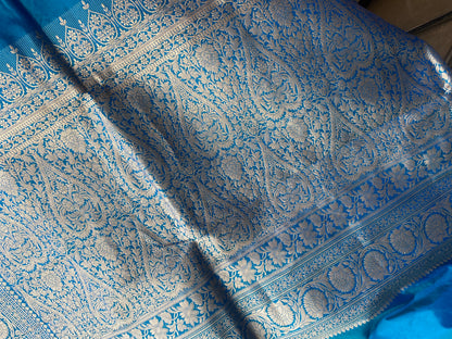 Teal Pure Silk Banarasi Saree with Kadhwa Weave & Sona Rupa Butis by Shades Of Benares - banarasi - banarasi saree shop - banarasi saree manufacturers - banarasi saree wholesale - banaraasi sarees