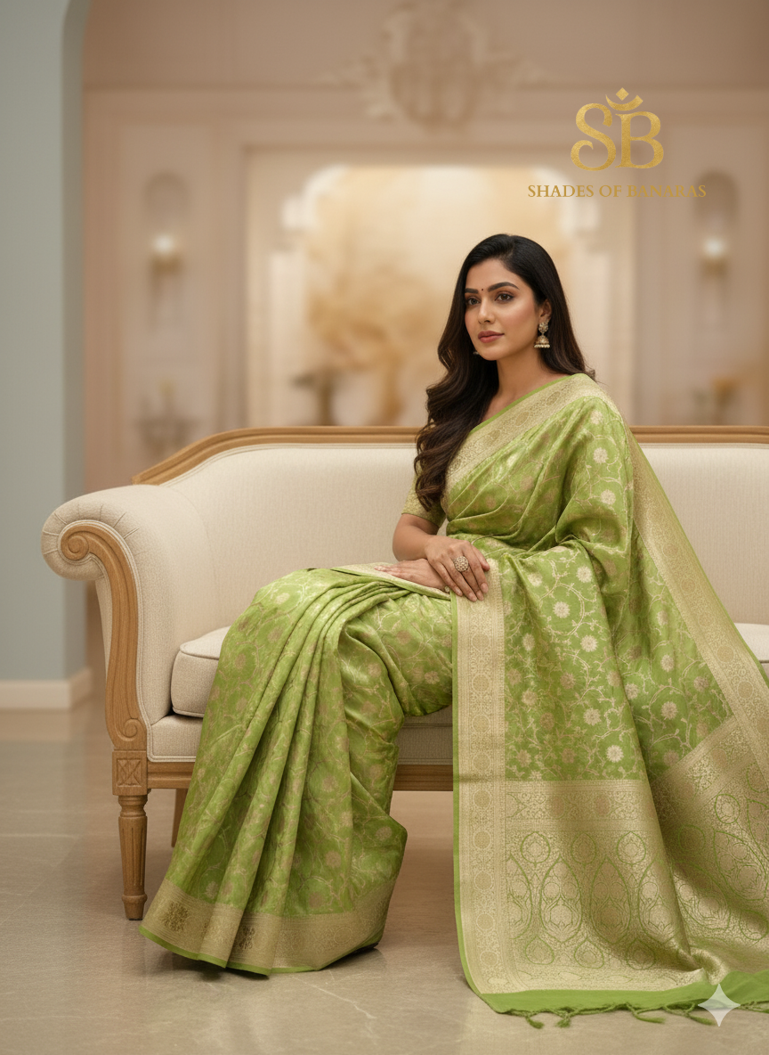 Light Green Banarasi Silk Saree | Handwoven Jaal Work – Shades Of Banaras