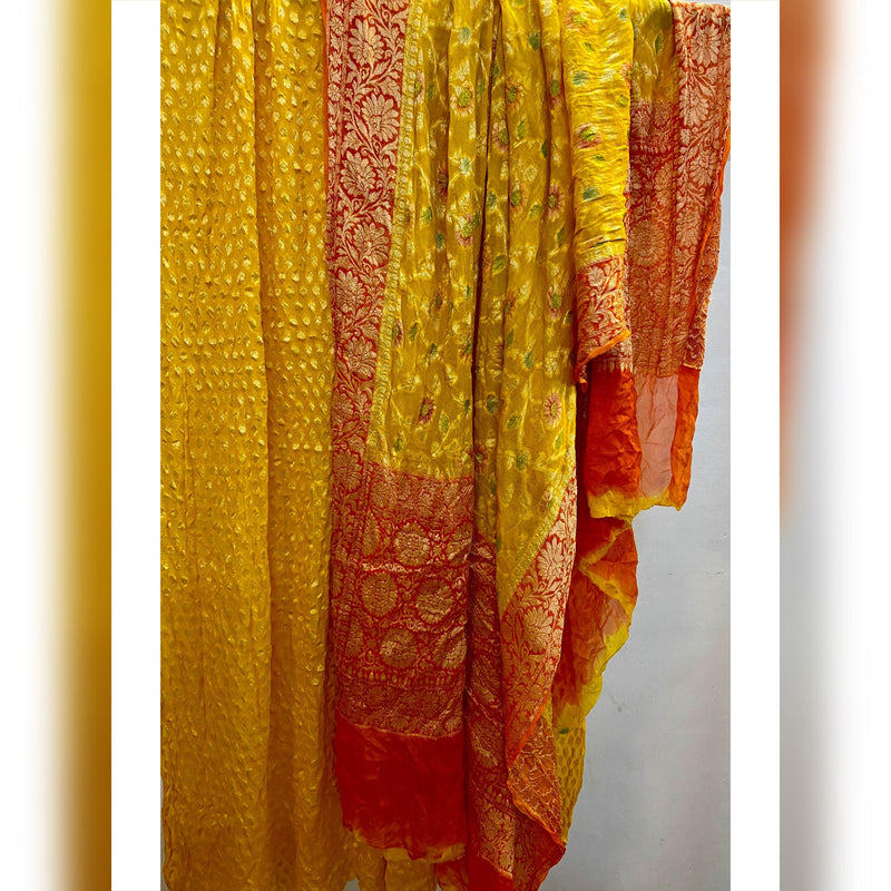 3-Piece Yellow Khaddi Georgette Banarasi Dress Material | Hand Brush Dyed - Shades Of Benares