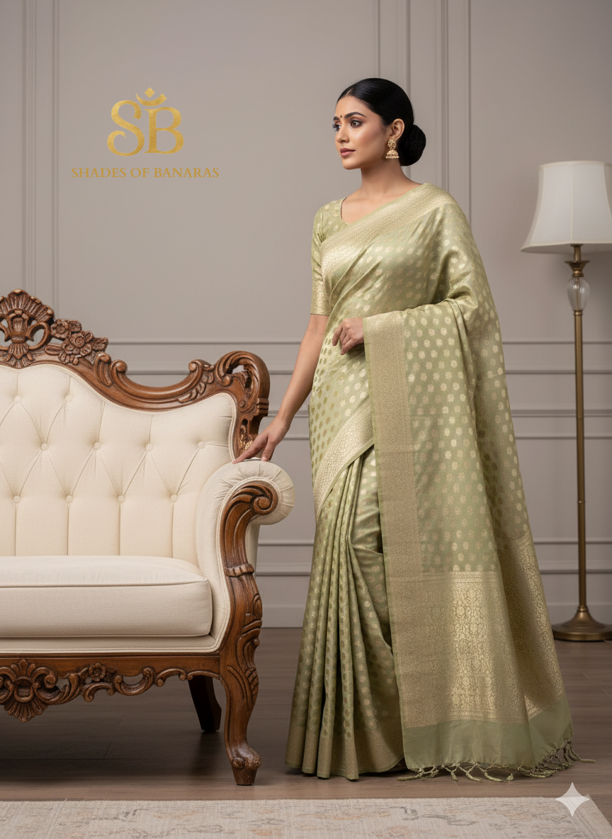 Pastel Green Pure Silk Banarasi Saree with Butis by Shades Of Banaras - banarasi - banarasi saree shop - banarasi saree manufacturers - banarasi saree wholesale - banaraasi sarees