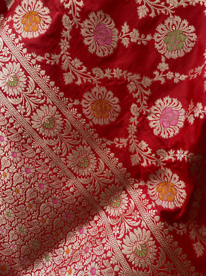 Red Pure Silk Banarasi Saree with Meenakari Floral Jaal by Shades Of Benares - banarasi - banarasi saree shop - banarasi saree manufacturers - banarasi saree wholesale - banaraasi sarees