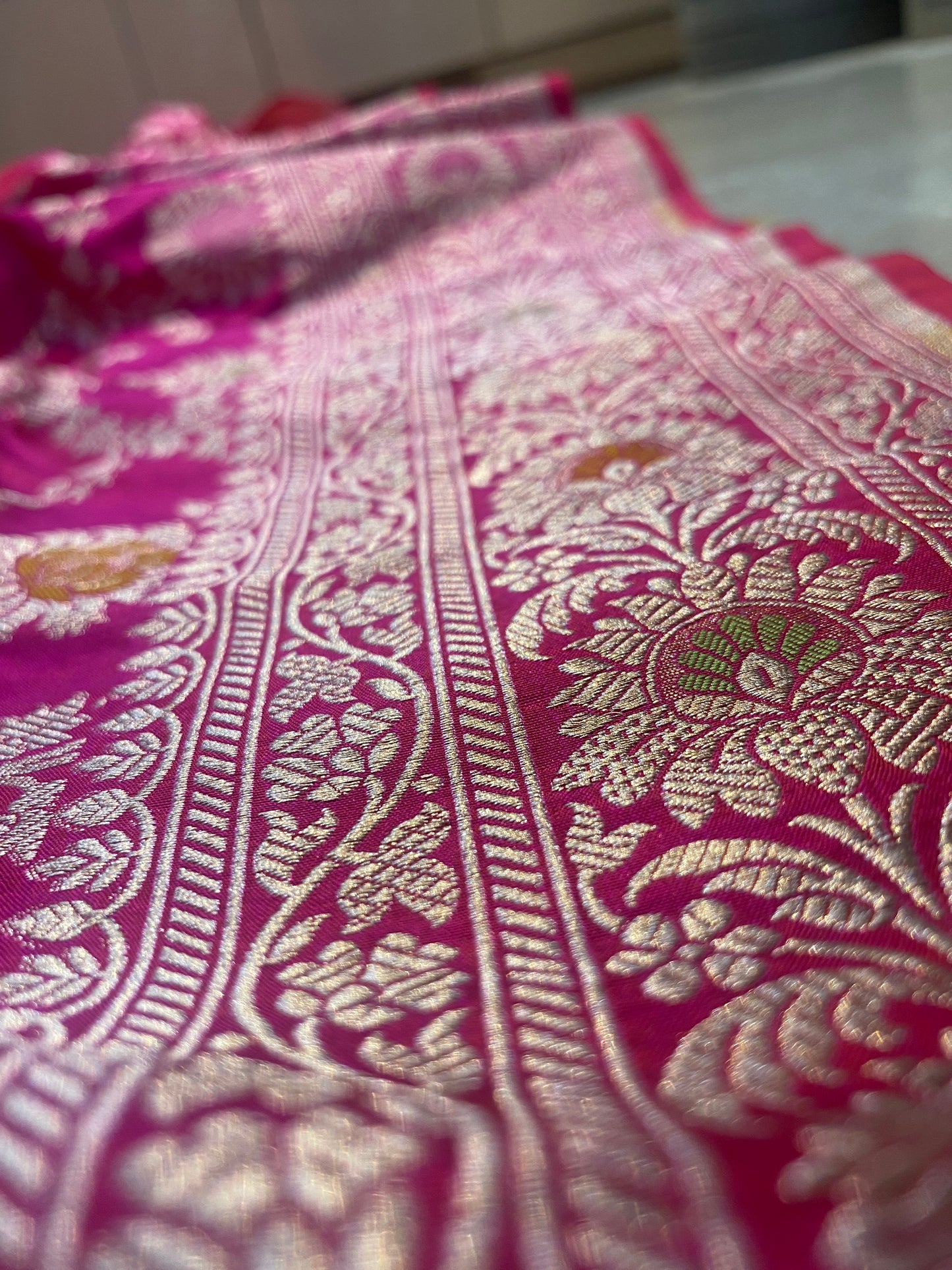 Rani Pink Pure Silk Banarasi Saree with Meenakari Floral Jaal by Shades Of Benares - banarasi - banarasi saree shop - banarasi saree manufacturers - banarasi saree wholesale - banaraasi sarees