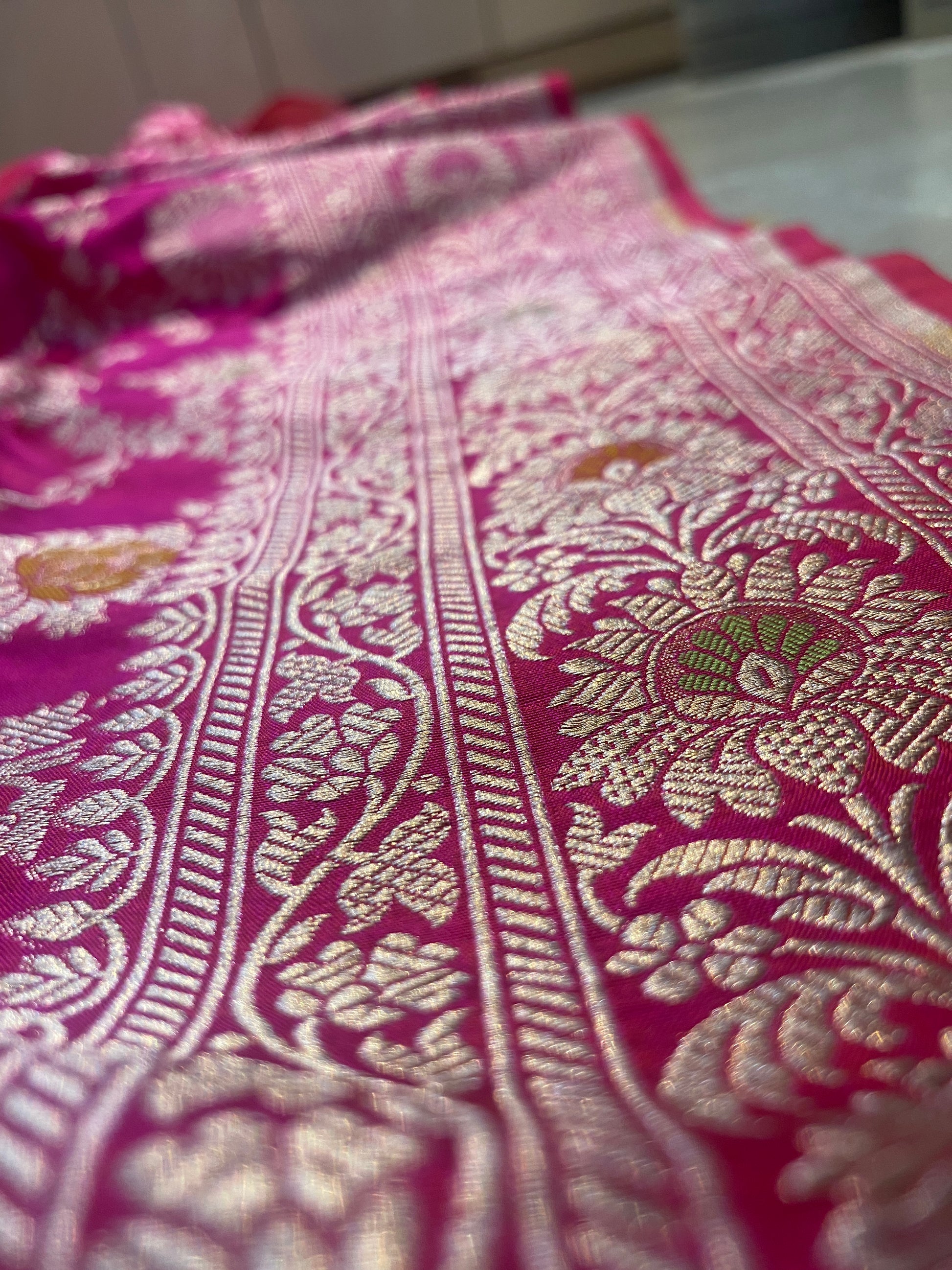 Rani Pink Pure Silk Banarasi Saree with Meenakari Floral Jaal by Shades Of Benares - banarasi - banarasi saree shop - banarasi saree manufacturers - banarasi saree wholesale - banaraasi sarees