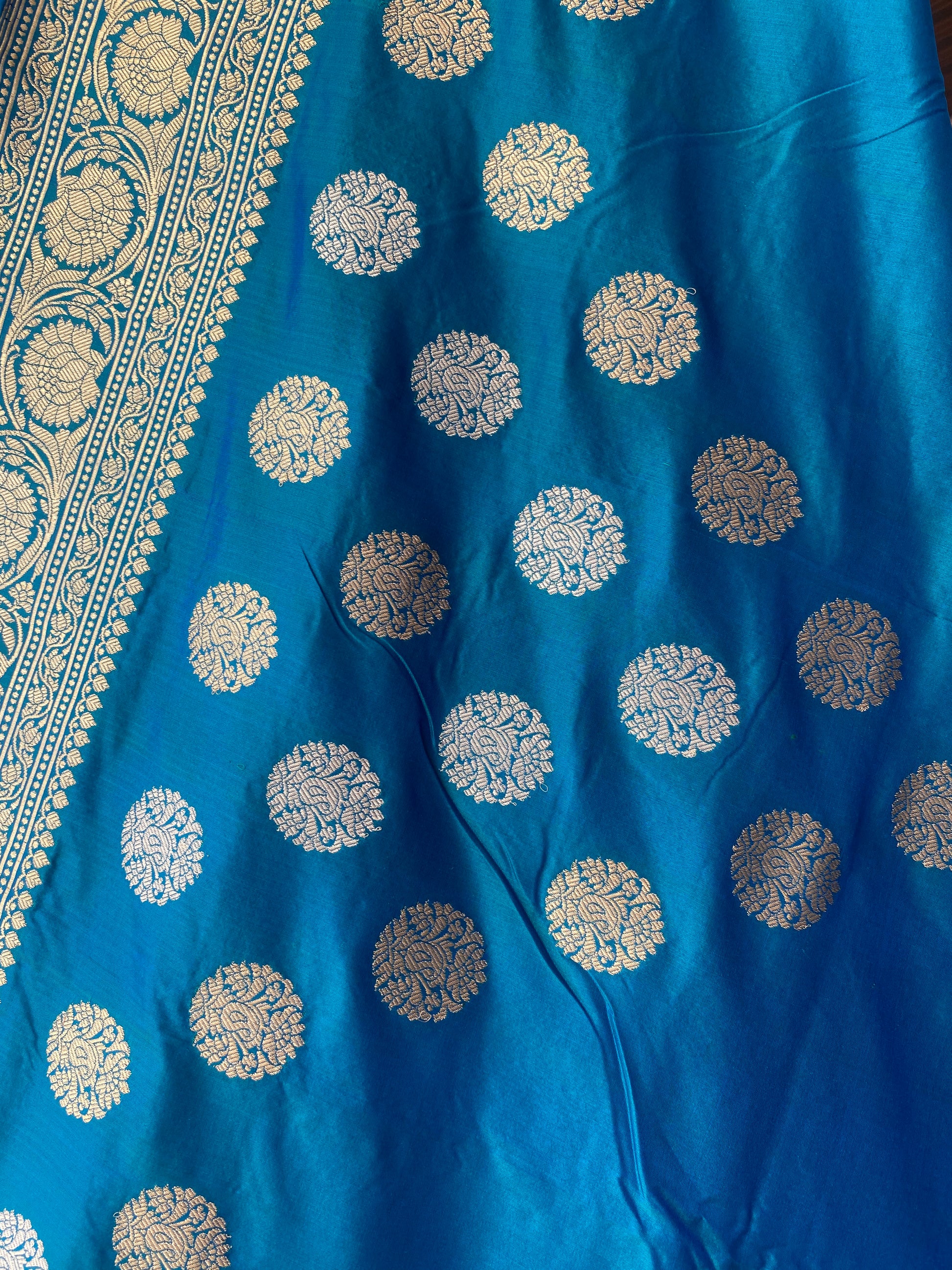Teal Pure Silk Banarasi Saree with Kadhwa Weave & Sona Rupa Butis by Shades Of Benares - banarasi - banarasi saree shop - banarasi saree manufacturers - banarasi saree wholesale - banaraasi sarees