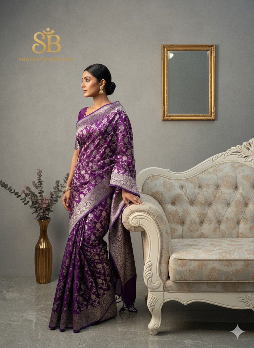 The Royal Banarasi: Purple Pure Silk Saree with Jaal by Shades Of Banaras - banarasi - banarasi saree shop - banarasi saree manufacturers - banarasi saree wholesale - banaraasi sarees