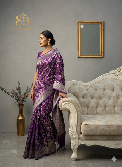 The Royal Banarasi: Purple Pure Silk Saree with Jaal by Shades Of Banaras - banarasi - banarasi saree shop - banarasi saree manufacturers - banarasi saree wholesale - banaraasi sarees