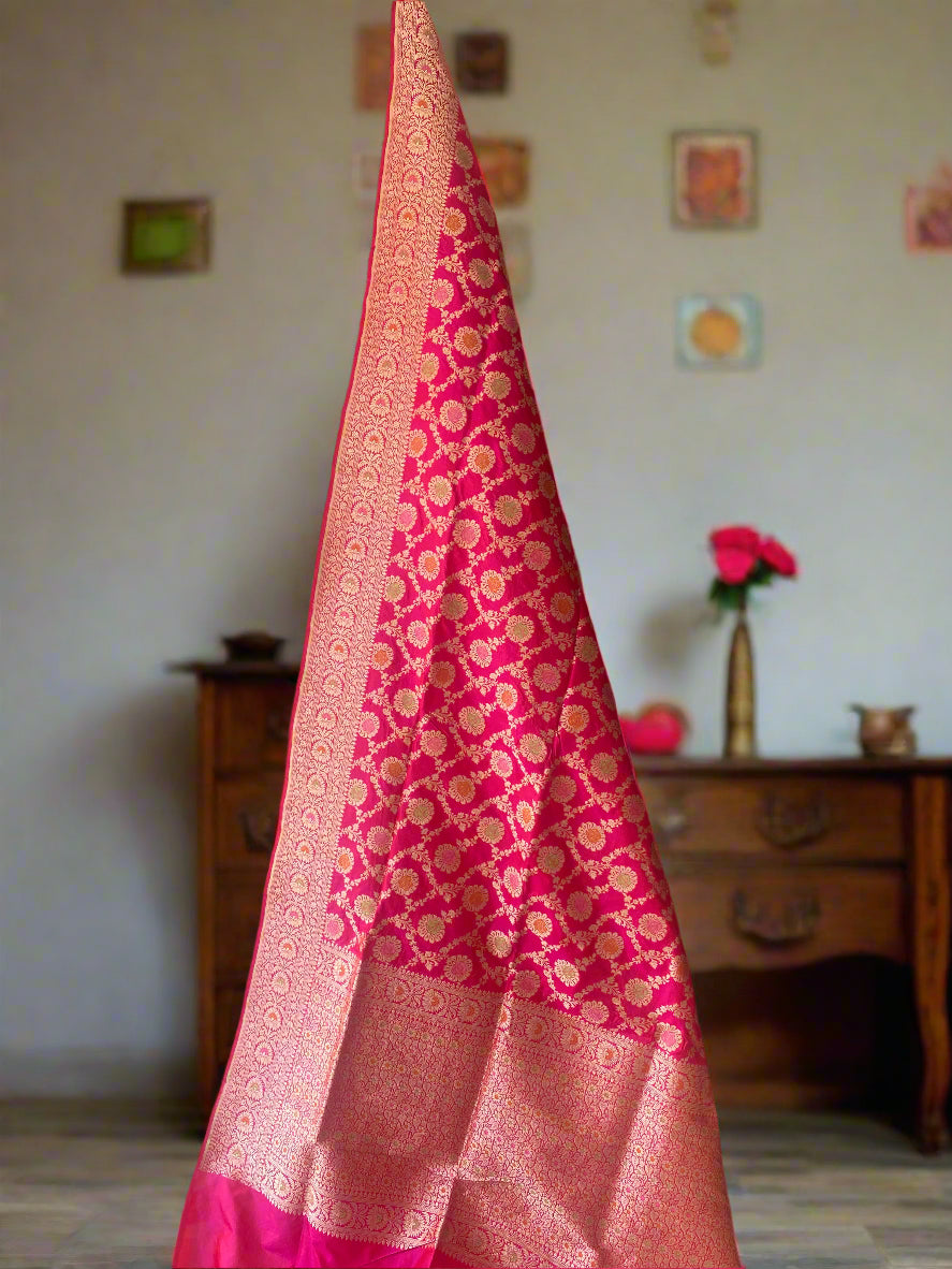 Rani Pink Pure Silk Banarasi Saree with Meenakari Floral Jaal by Shades Of Benares - banarasi - banarasi saree shop - banarasi saree manufacturers - banarasi saree wholesale - banaraasi sarees
