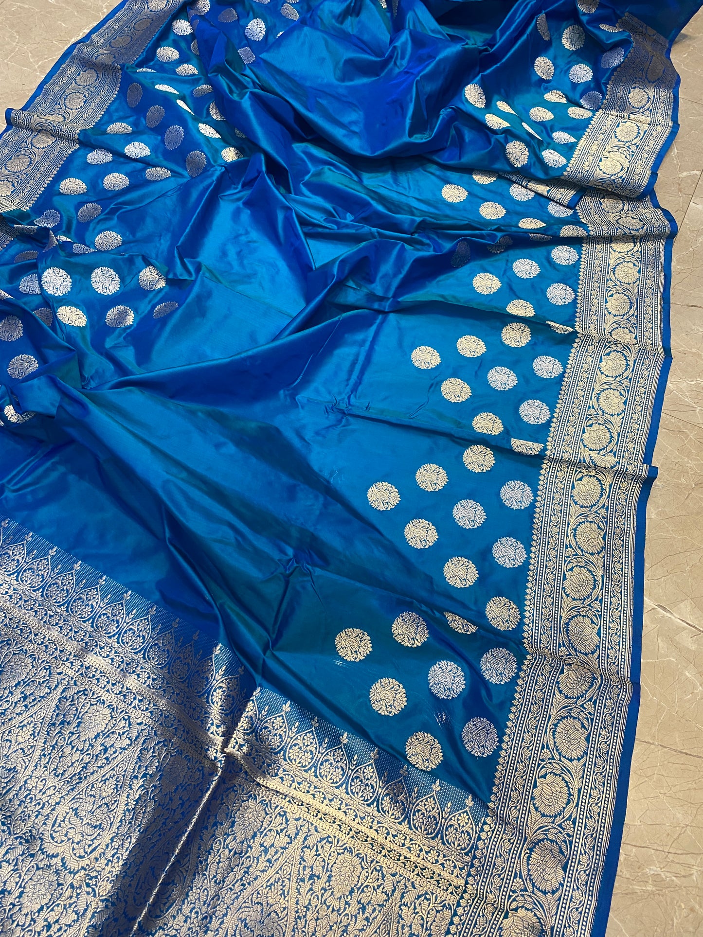 Teal Pure Silk Banarasi Saree with Kadhwa Weave & Sona Rupa Butis by Shades Of Benares - banarasi - banarasi saree shop - banarasi saree manufacturers - banarasi saree wholesale - banaraasi sarees