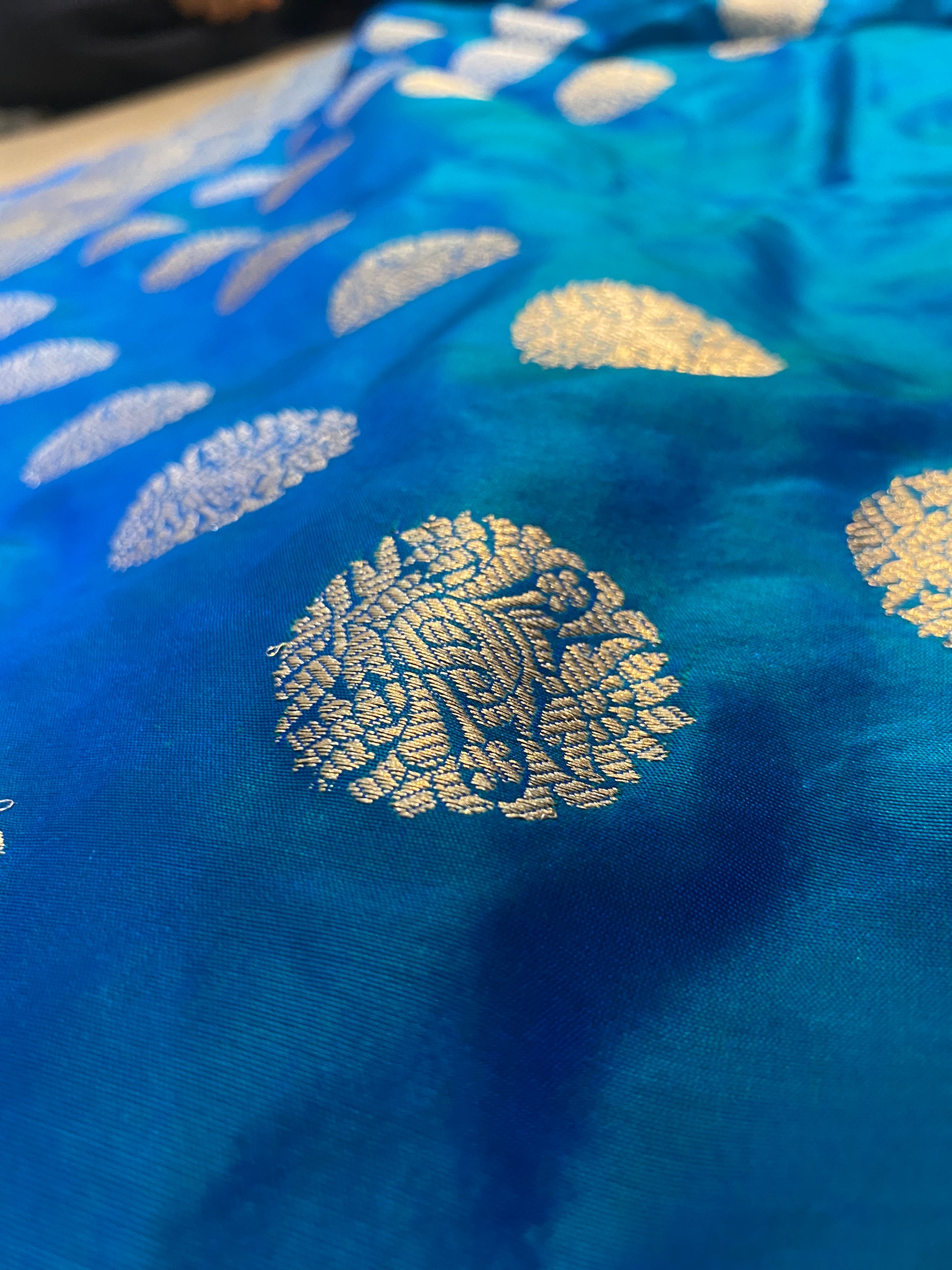 Teal Pure Silk Banarasi Saree with Kadhwa Weave & Sona Rupa Butis by Shades Of Benares - banarasi - banarasi saree shop - banarasi saree manufacturers - banarasi saree wholesale - banaraasi sarees