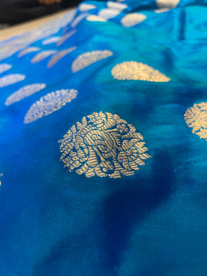 Teal Pure Silk Banarasi Saree with Kadhwa Weave & Sona Rupa Butis by Shades Of Benares - banarasi - banarasi saree shop - banarasi saree manufacturers - banarasi saree wholesale - banaraasi sarees