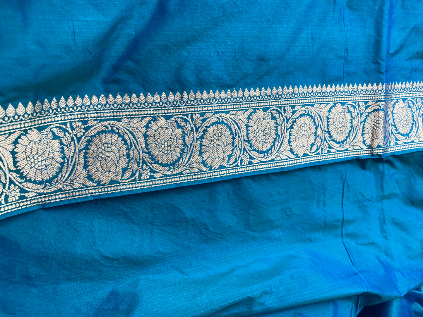 Teal Pure Silk Banarasi Saree with Kadhwa Weave & Sona Rupa Butis by Shades Of Benares - banarasi - banarasi saree shop - banarasi saree manufacturers - banarasi saree wholesale - banaraasi sarees