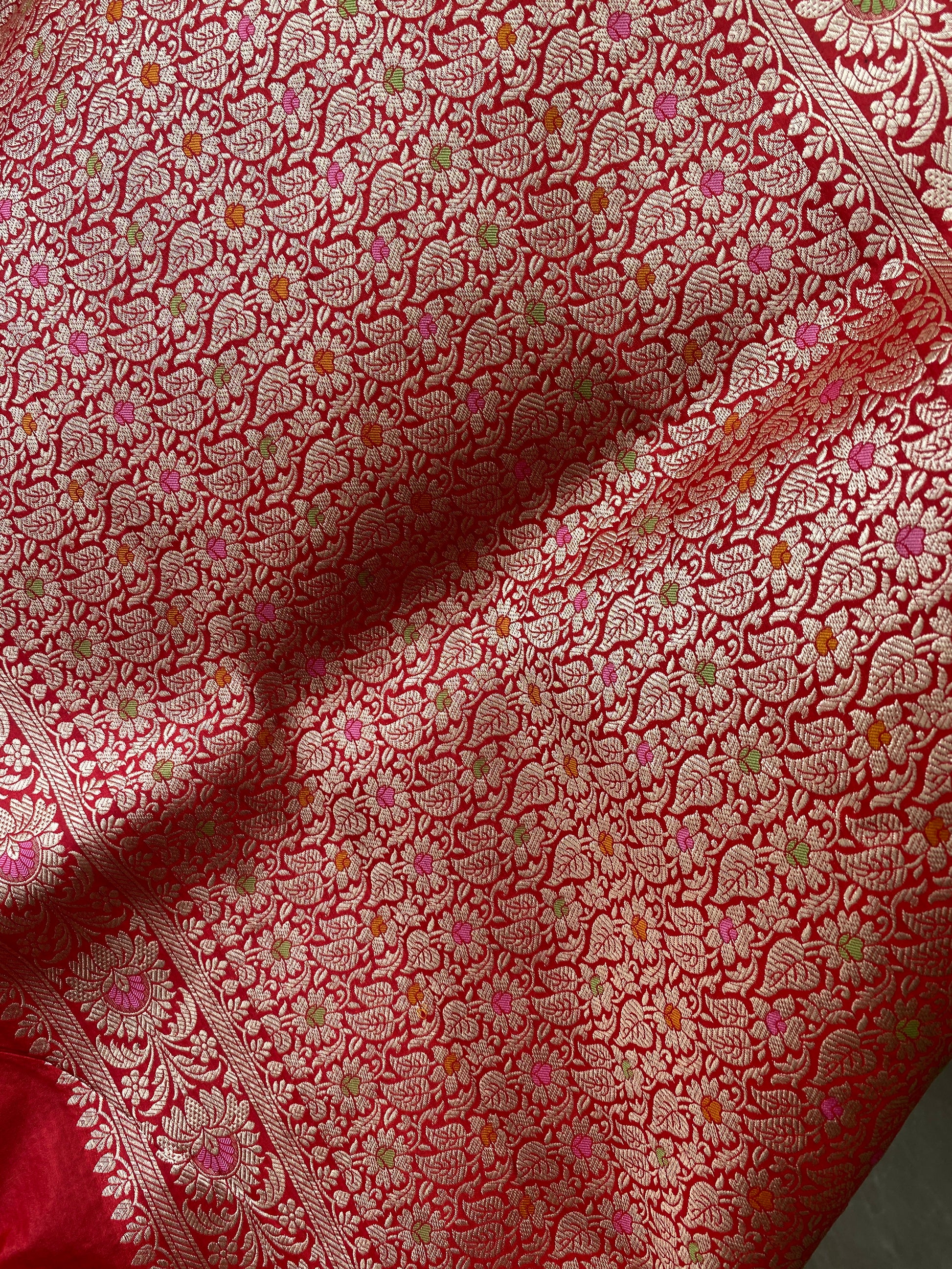 Red Pure Silk Banarasi Saree with Meenakari Floral Jaal by Shades Of Benares - banarasi - banarasi saree shop - banarasi saree manufacturers - banarasi saree wholesale - banaraasi sarees