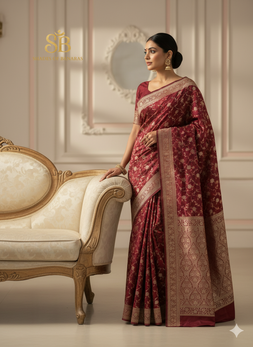 The Crimson Banarasi: Maroon Pure Silk Saree with Jaal by Shades Of Banaras - banarasi - banarasi saree shop - banarasi saree manufacturers - banarasi saree wholesale - banaraasi sarees