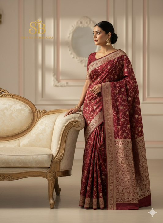 The Crimson Banarasi: Maroon Pure Silk Saree with Jaal by Shades Of Banaras - banarasi - banarasi saree shop - banarasi saree manufacturers - banarasi saree wholesale - banaraasi sarees