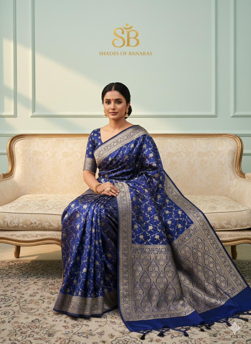 The Midnight Banarasi: Navy Blue Pure Silk Jaal Saree by Shades Of Banaras - banarasi - banarasi saree shop - banarasi saree manufacturers - banarasi saree wholesale - banaraasi sarees