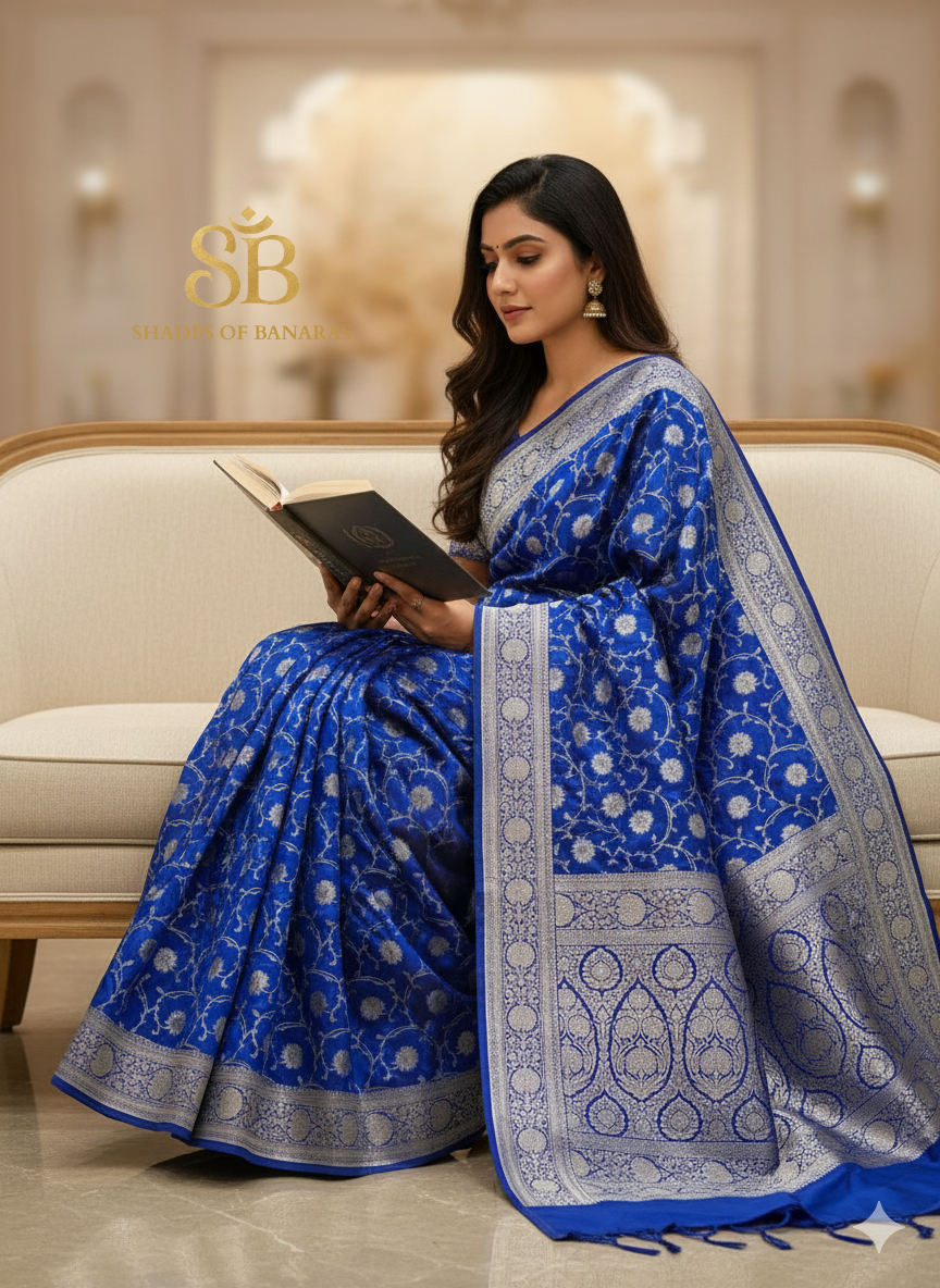 The Regal Banarasi: Royal Blue Pure Silk Jaal Saree by Shades Of Banaras - banarasi - banarasi saree shop - banarasi saree manufacturers - banarasi saree wholesale - banaraasi sarees
