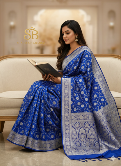 The Regal Banarasi: Royal Blue Pure Silk Jaal Saree by Shades Of Banaras - banarasi - banarasi saree shop - banarasi saree manufacturers - banarasi saree wholesale - banaraasi sarees