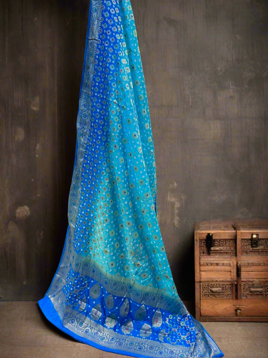 Sea & Dark Blue Chiffon Banarasi Bandhani Saree with Minakari by Shades Of Banaras - banarasi - banarasi saree shop - banarasi saree manufacturers - banarasi saree wholesale - banaraasi sarees