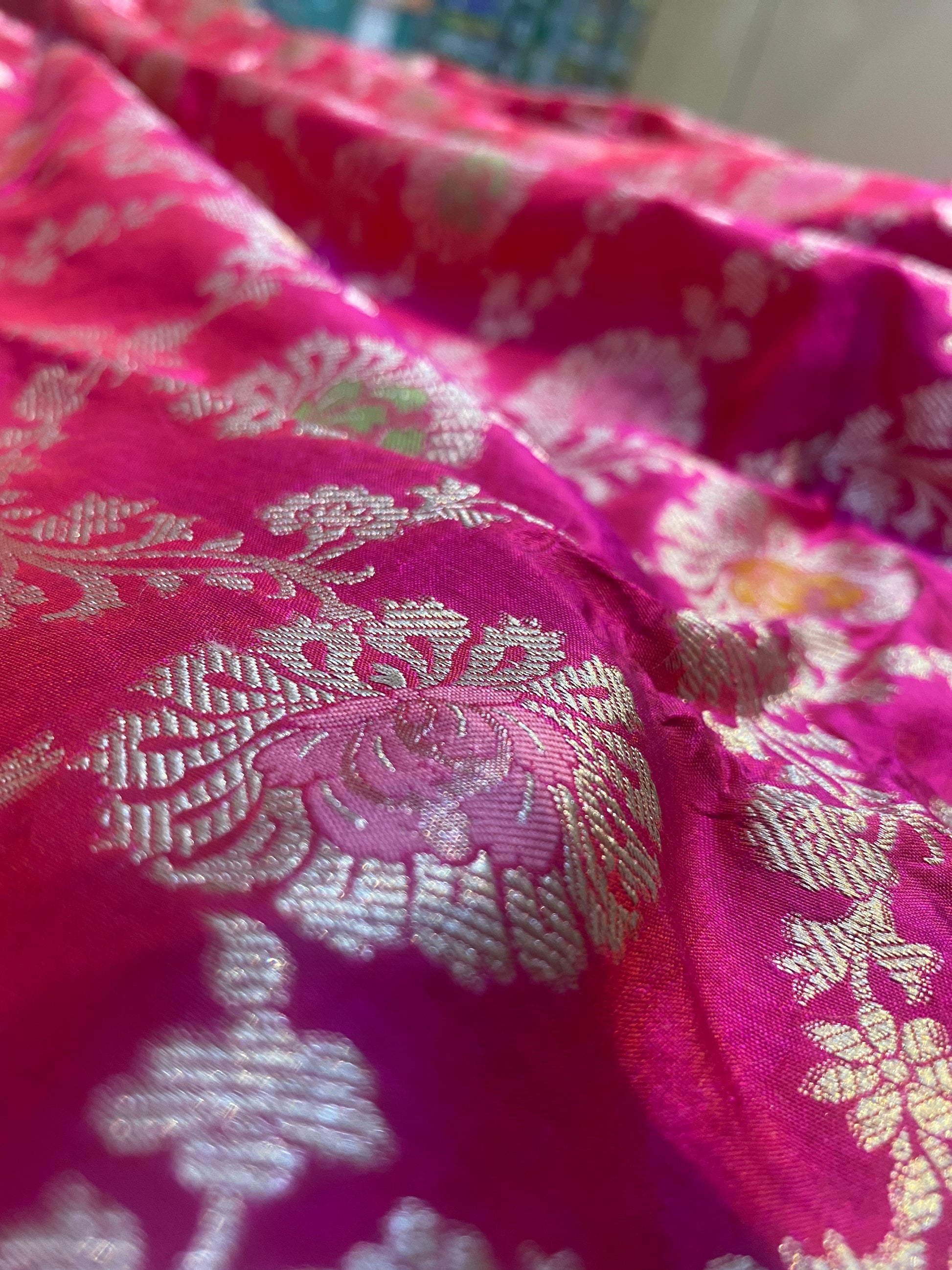 Rani Pink Pure Silk Banarasi Saree with Meenakari Floral Jaal by Shades Of Benares - banarasi - banarasi saree shop - banarasi saree manufacturers - banarasi saree wholesale - banaraasi sarees