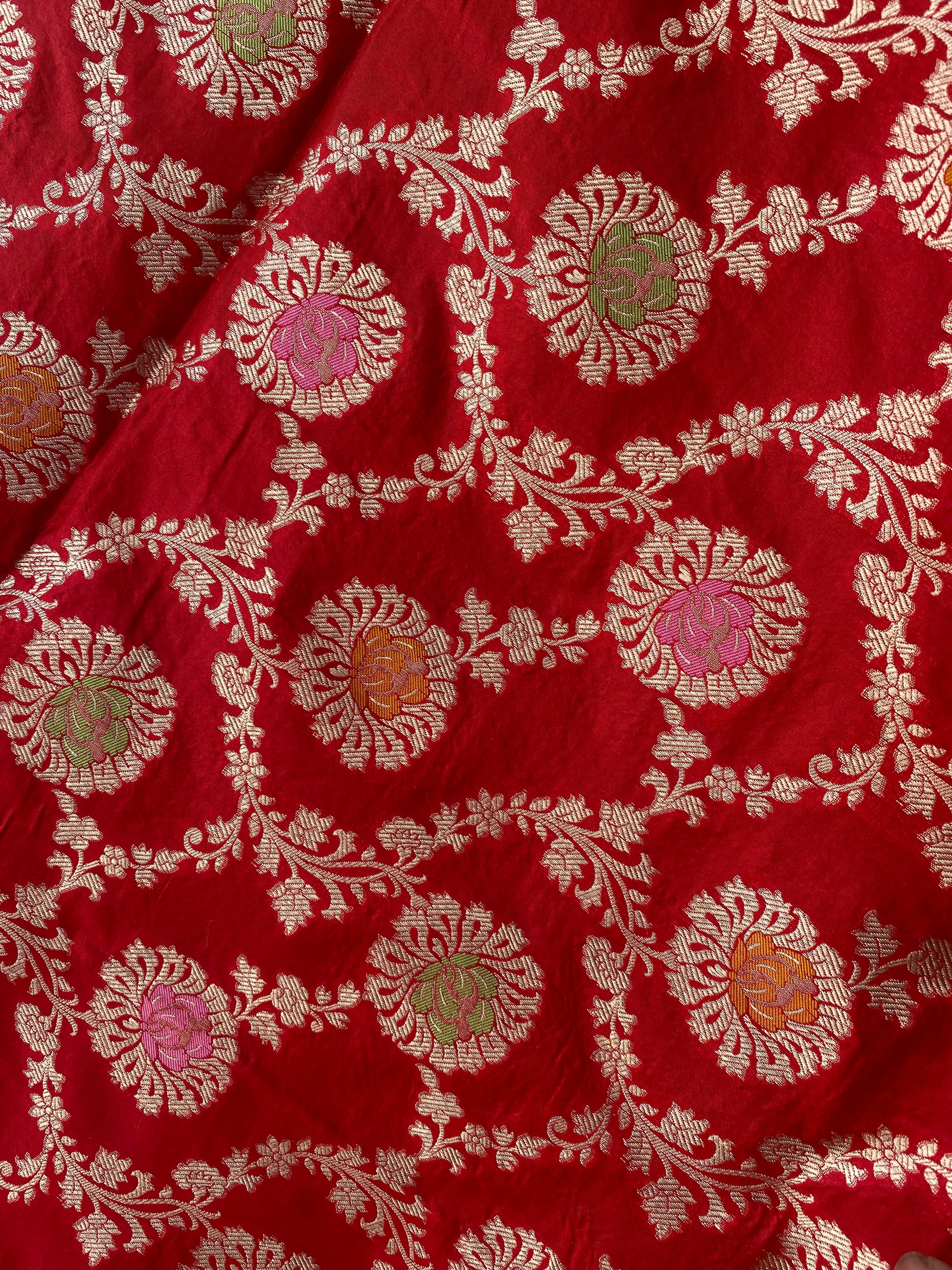 Red Pure Silk Banarasi Saree with Meenakari Floral Jaal by Shades Of Benares - banarasi - banarasi saree shop - banarasi saree manufacturers - banarasi saree wholesale - banaraasi sarees