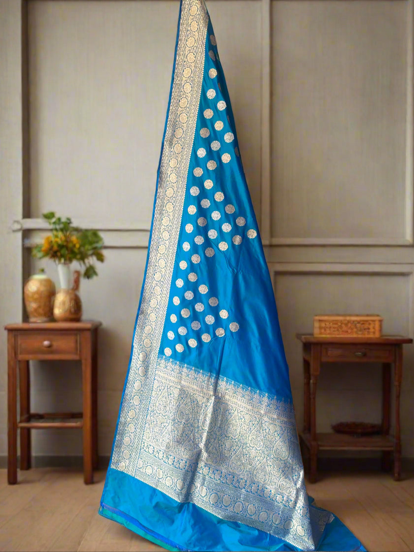 Teal Pure Silk Banarasi Saree with Kadhwa Weave & Sona Rupa Butis by Shades Of Benares - banarasi - banarasi saree shop - banarasi saree manufacturers - banarasi saree wholesale - banaraasi sarees