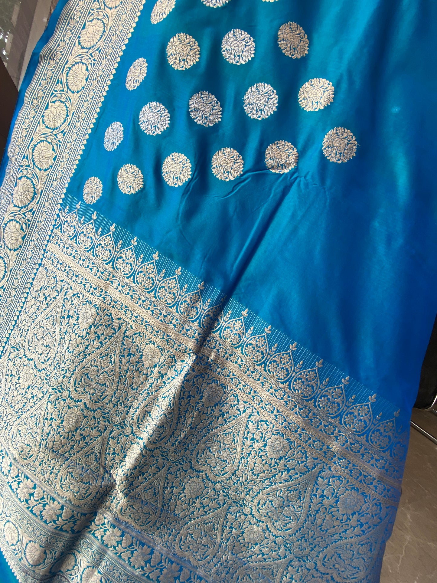 Teal Pure Silk Banarasi Saree with Kadhwa Weave & Sona Rupa Butis by Shades Of Benares - banarasi - banarasi saree shop - banarasi saree manufacturers - banarasi saree wholesale - banaraasi sarees