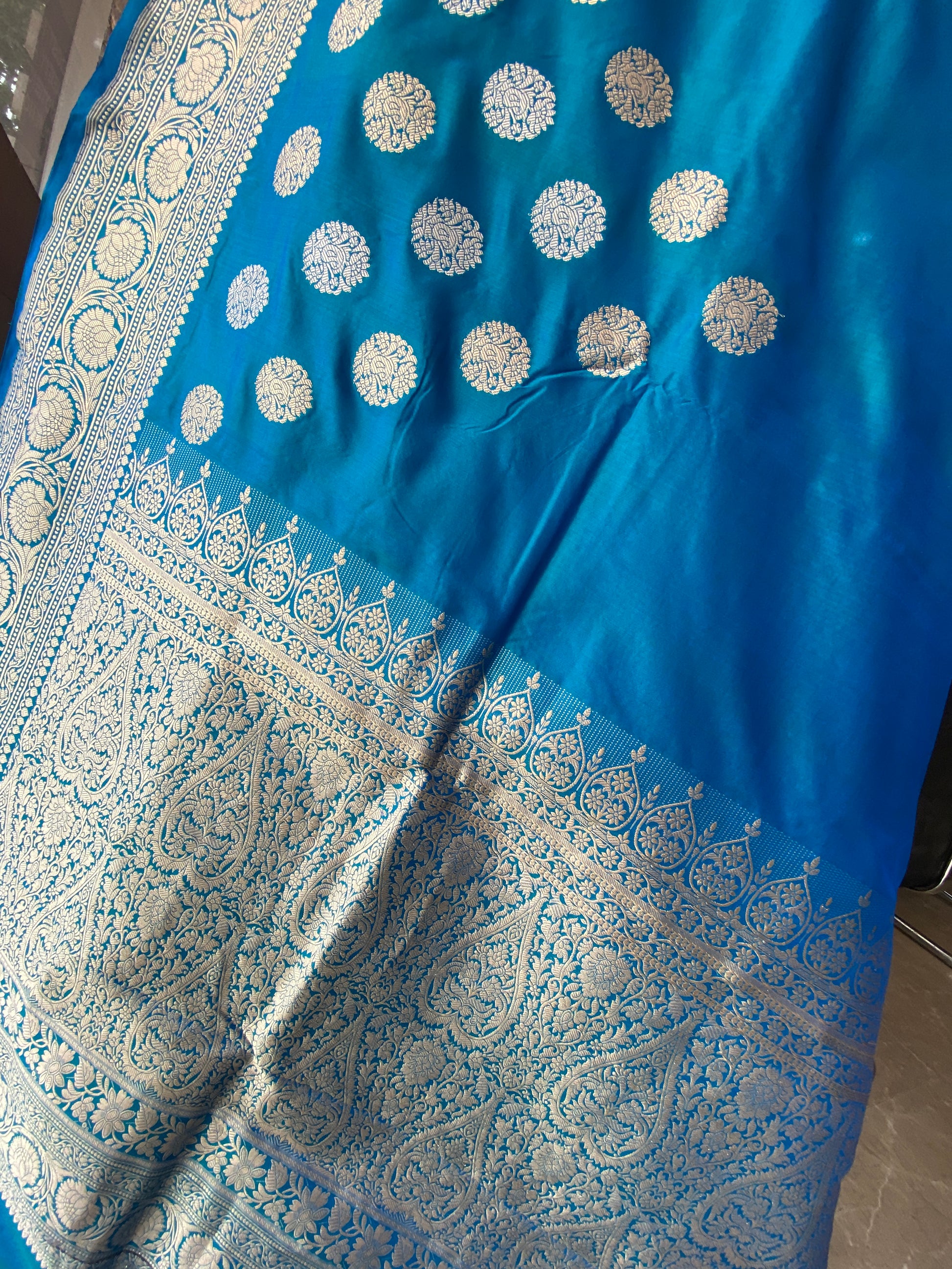 Teal Pure Silk Banarasi Saree with Kadhwa Weave & Sona Rupa Butis by Shades Of Benares - banarasi - banarasi saree shop - banarasi saree manufacturers - banarasi saree wholesale - banaraasi sarees