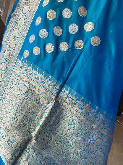 Teal Pure Silk Banarasi Saree with Kadhwa Weave & Sona Rupa Butis by Shades Of Benares - banarasi - banarasi saree shop - banarasi saree manufacturers - banarasi saree wholesale - banaraasi sarees